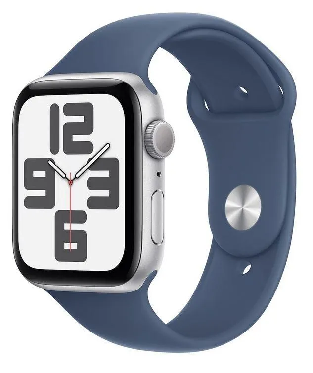 Apple Watch SE v3 GPS 44mm Silver Aluminium Case with Denim Sport Band - S/M - mxeq3qv/a