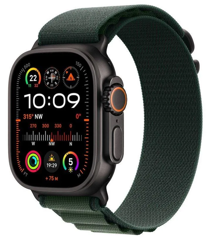 Apple Watch Ultra 2 v2 GPS + Cellular 49mm Black Titanium Case with Dark Green Alpine Loop - Small - mx4q3se/a