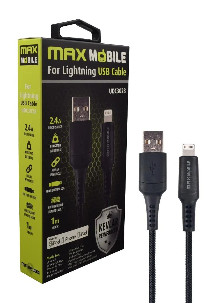 МAX MOBILE iPHONE 5/6/7/8/X… MFI KEVLAR Black 2.4A 1m