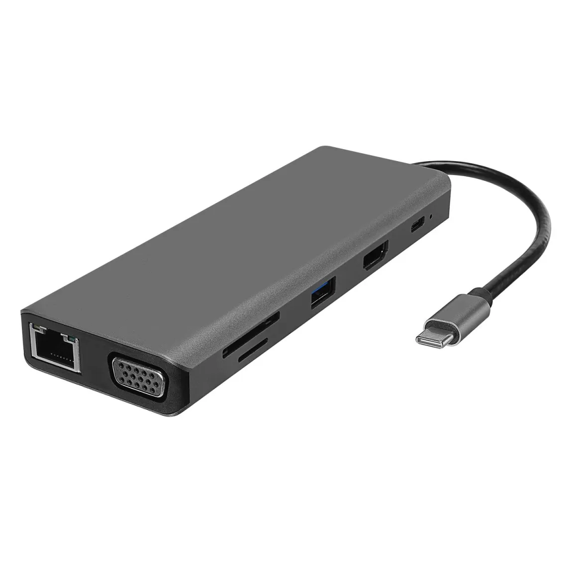 Адаптер HYTECH HY-USBC32 4K*2K Ultra HD Gray Metal 5x USB2.0/USB3.0 100M RJ45 PD, TypeC Data, SD/TF Card Reader Type C