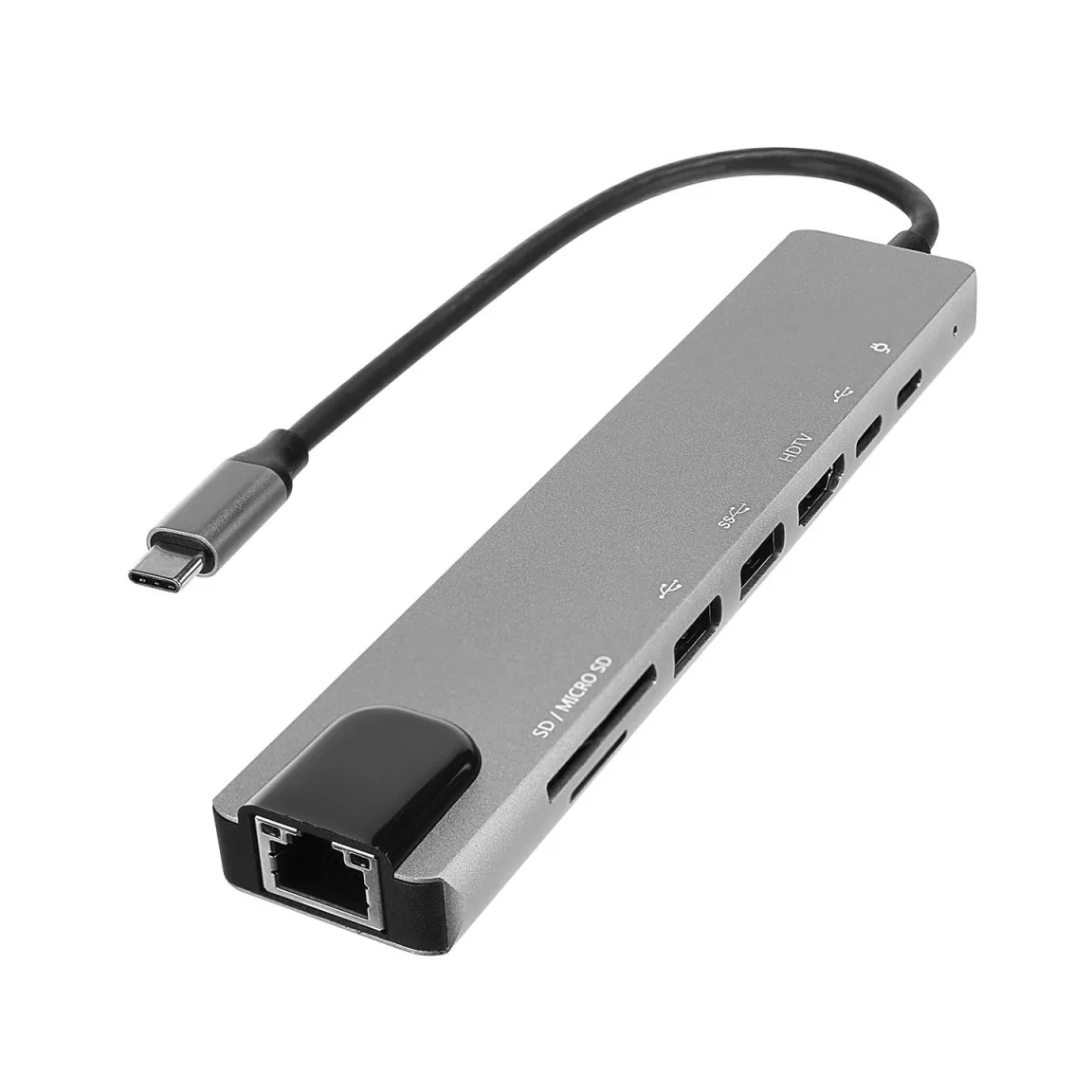 Адаптер HYTECH HY-USBC82 4K@30Hz Gray Metal 2xUSB3.0 1xUSB2.0 100Mbps PD, TypeC Data, SD/TF Card Reader Type C