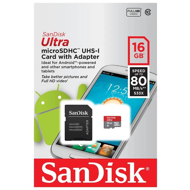 MicroSD картичка SANDISK Ultra, 64GB, 80MB/s, Class 10, Аndroid, адаптер