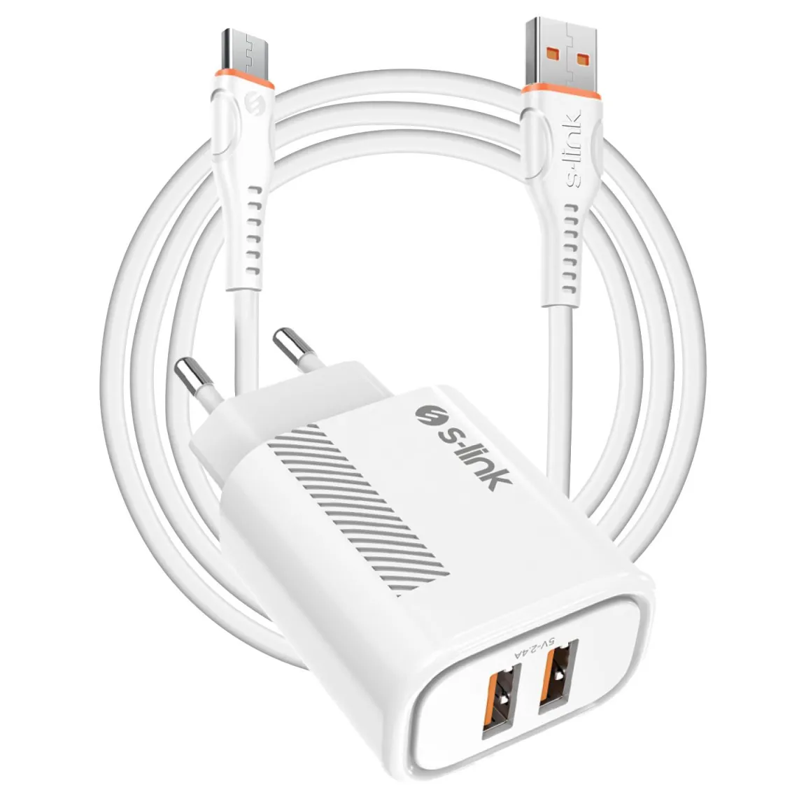Полнач + кабел S-LINK SL-EC50 (SL-EC50M) Charger with Micro Cable 5V 2400MA 2 USB Outputs White