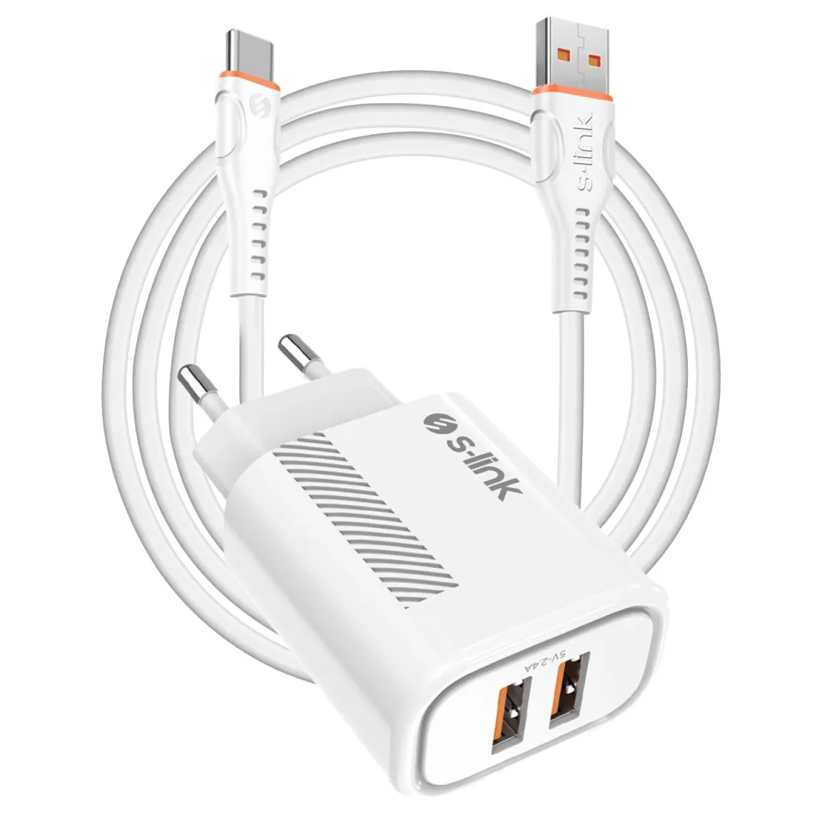Полнач S-LINK SL-EC50 (SL-EC50T) 5V 2400MA Type-C Cable and 2 USB Outputs White