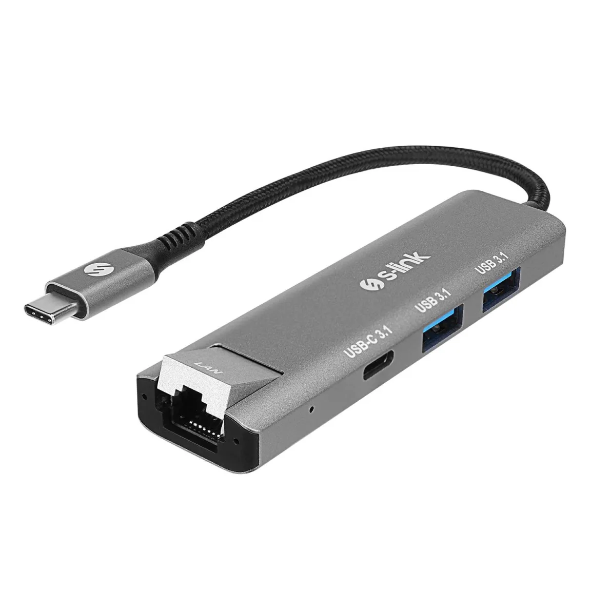 Адаптер S-LINK SWV-USBC032 RJ45 Type-C to 2*USB3.0 + 1*USB-C 10/100/1000Mbps Gray Metal