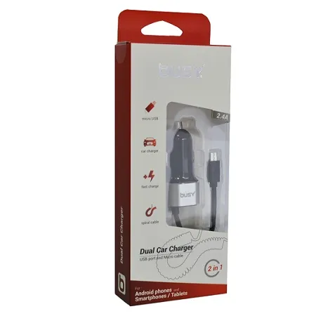 BUSY USB ПОЛНАЧ ЗА ВО КОЛА 2,4A + MICRO USB КАБЕЛ 1М