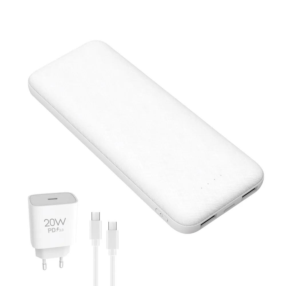 Power Bank Platinet 10000mAh + 20W PD Charger + USB C Cable White